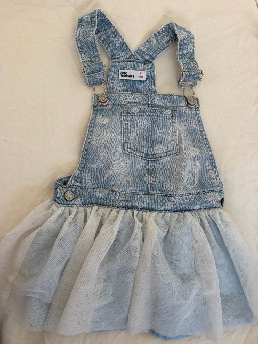 Epic Threads Light Blue Denim Overall Dress with Tulle Skirt
